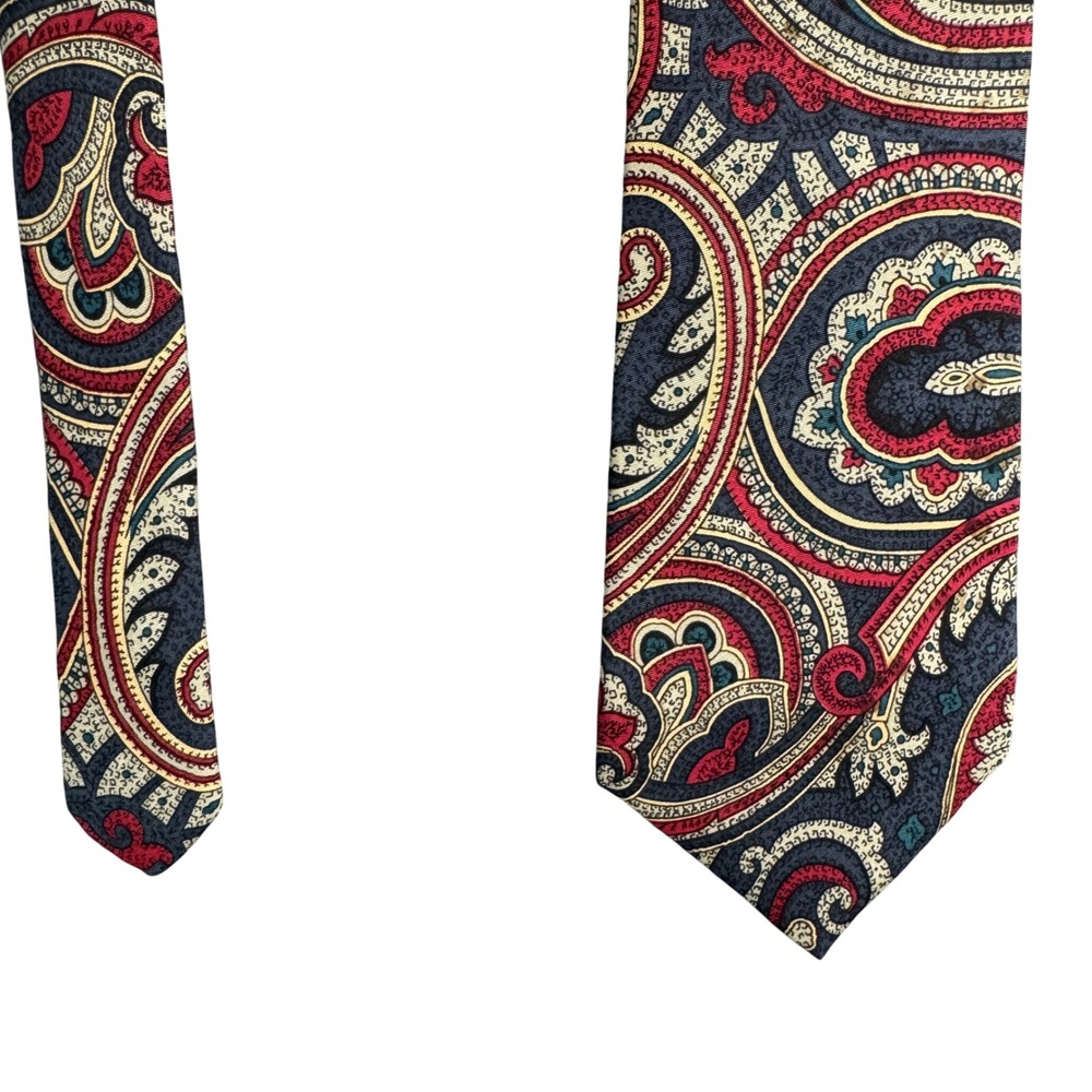 Claybrooke Mens Silk Paisley Necktie Navy Blue Burgundy Gold Hand Sewn Tie